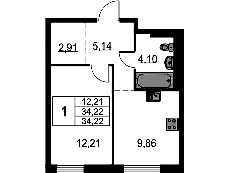 1-комнатная квартира 34.22 м², 15/18 эт., ЖК «Невская Долина»